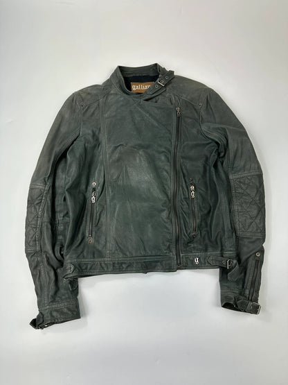 John Galliano khaki green leather jacket with side zip and soft texture.