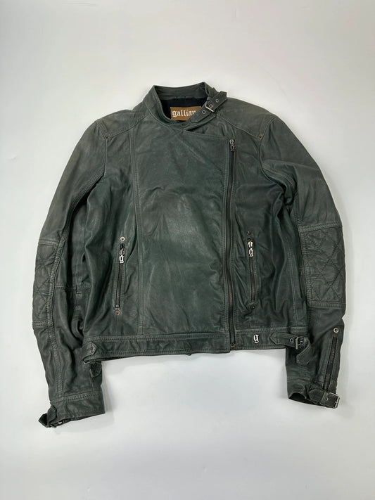 John Galliano khaki green leather jacket with side zip and soft texture.