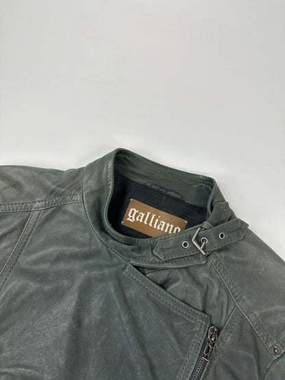 John Galliano khaki green leather jacket with side zip and soft texture.
