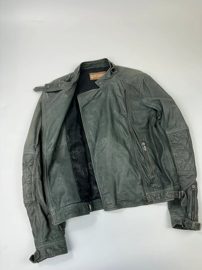 John Galliano khaki green leather jacket with side zip and soft texture.