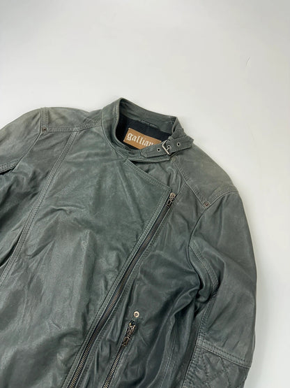 John Galliano khaki green leather jacket with side zip and soft texture.