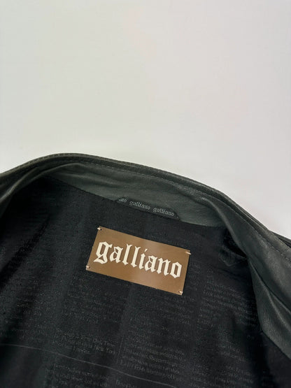 John Galliano khaki green leather jacket with side zip and soft texture.