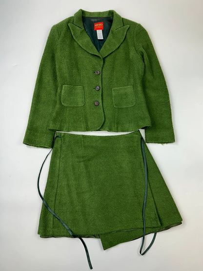 Kenzo green mohair skirt suit set with adjustable wrap skirt and logo detail.