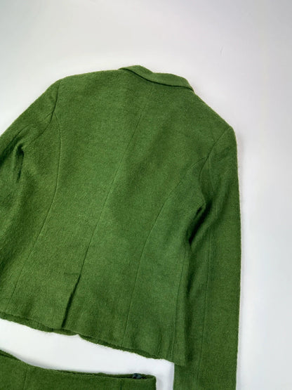 Kenzo green mohair skirt suit set with adjustable wrap skirt and logo detail.