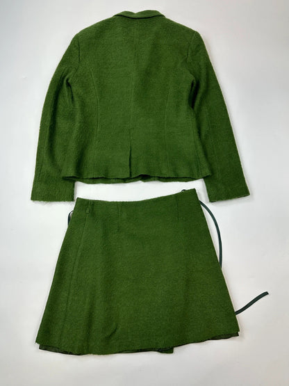 Kenzo green mohair skirt suit set with adjustable wrap skirt and logo detail.