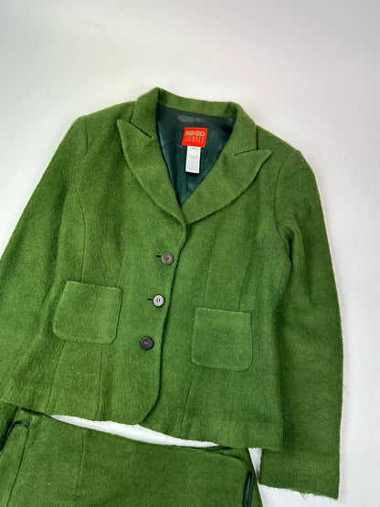 Kenzo green mohair skirt suit set with adjustable wrap skirt and logo detail.