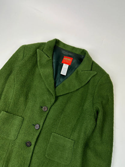 Kenzo green mohair skirt suit set with adjustable wrap skirt and logo detail.