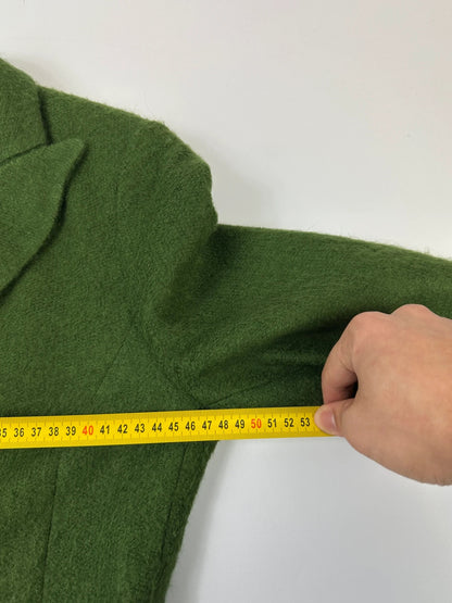 Kenzo green mohair skirt suit set with adjustable wrap skirt and logo detail.