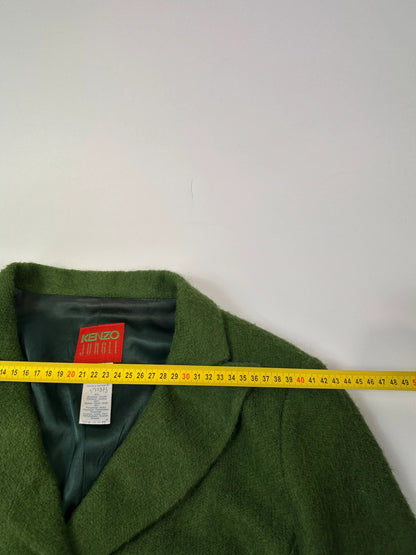 Kenzo green mohair skirt suit set with adjustable wrap skirt and logo detail.
