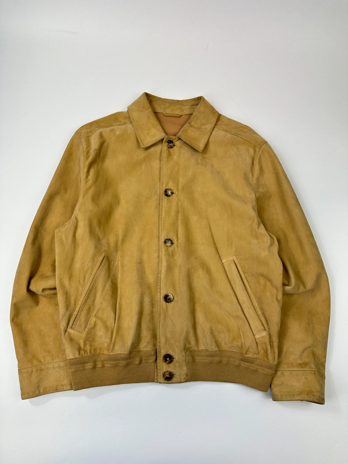Lanvin mustard suede leather bomber jacket with button-up front and vintage 90s design.