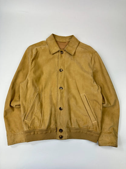 Lanvin mustard suede leather bomber jacket with button-up front and vintage 90s design.