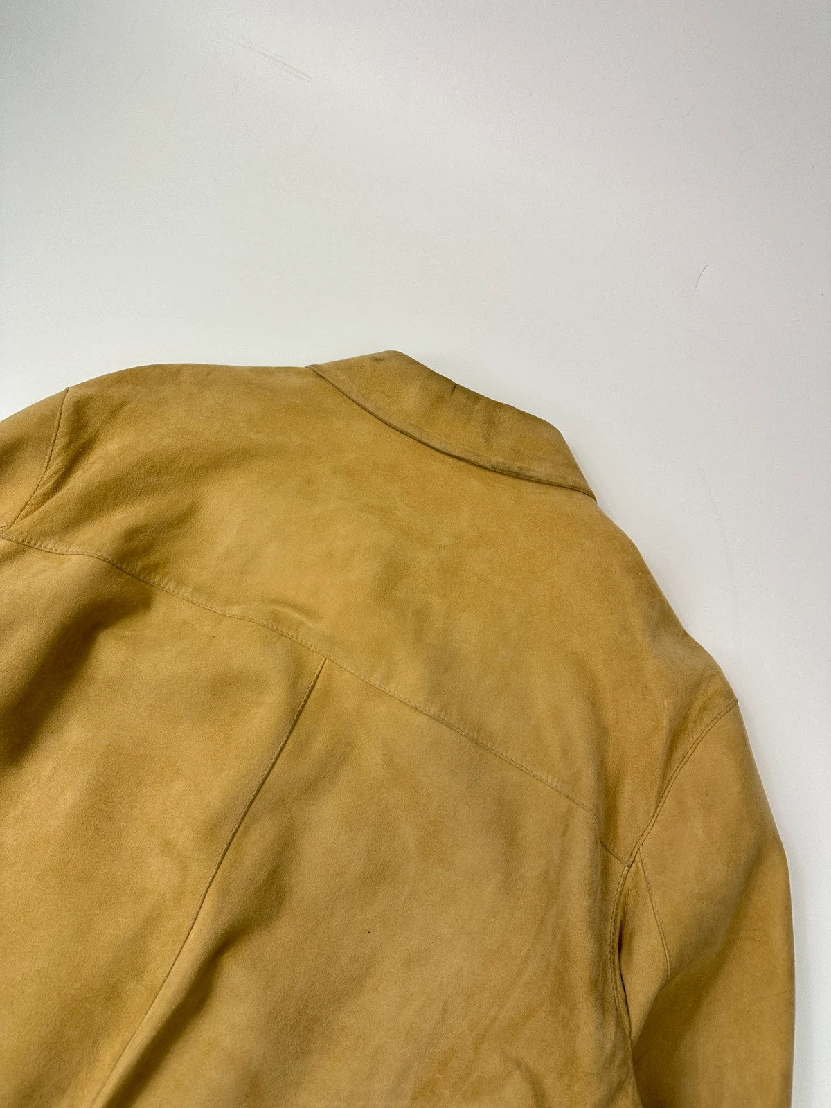 Lanvin mustard suede leather bomber jacket with button-up front and vintage 90s design.