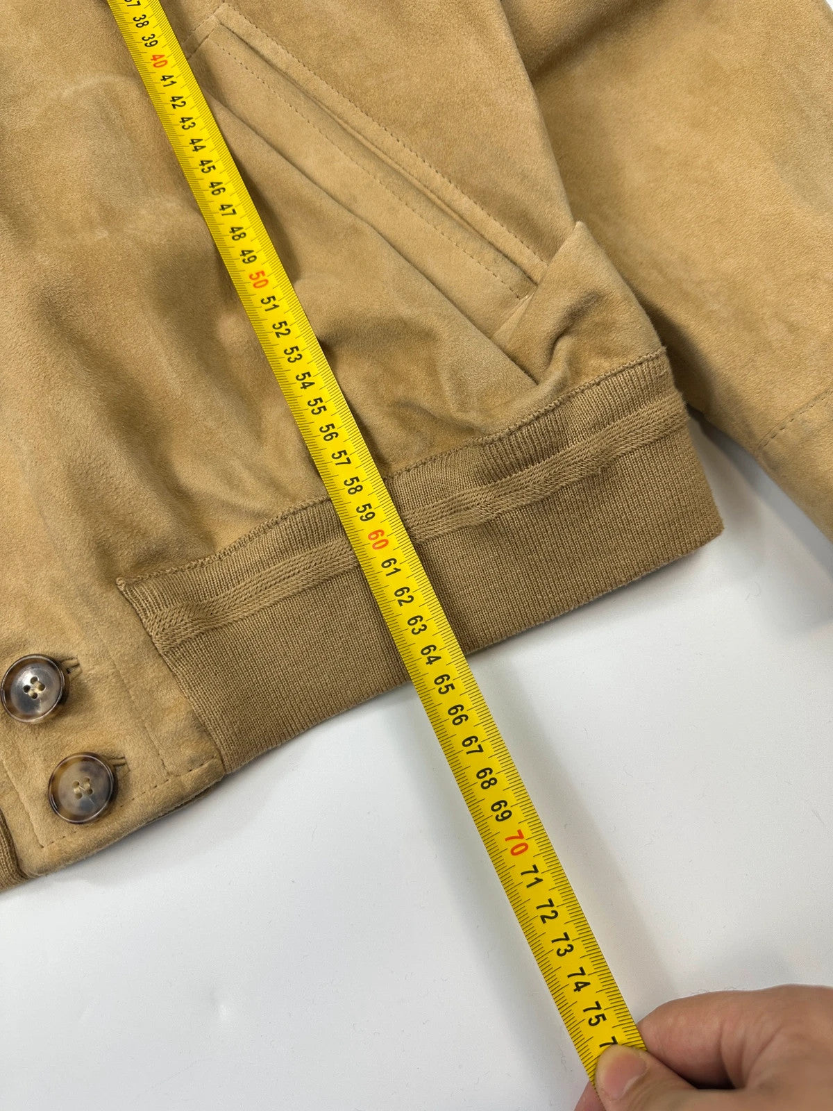 Lanvin mustard suede leather bomber jacket with button-up front and vintage 90s design.