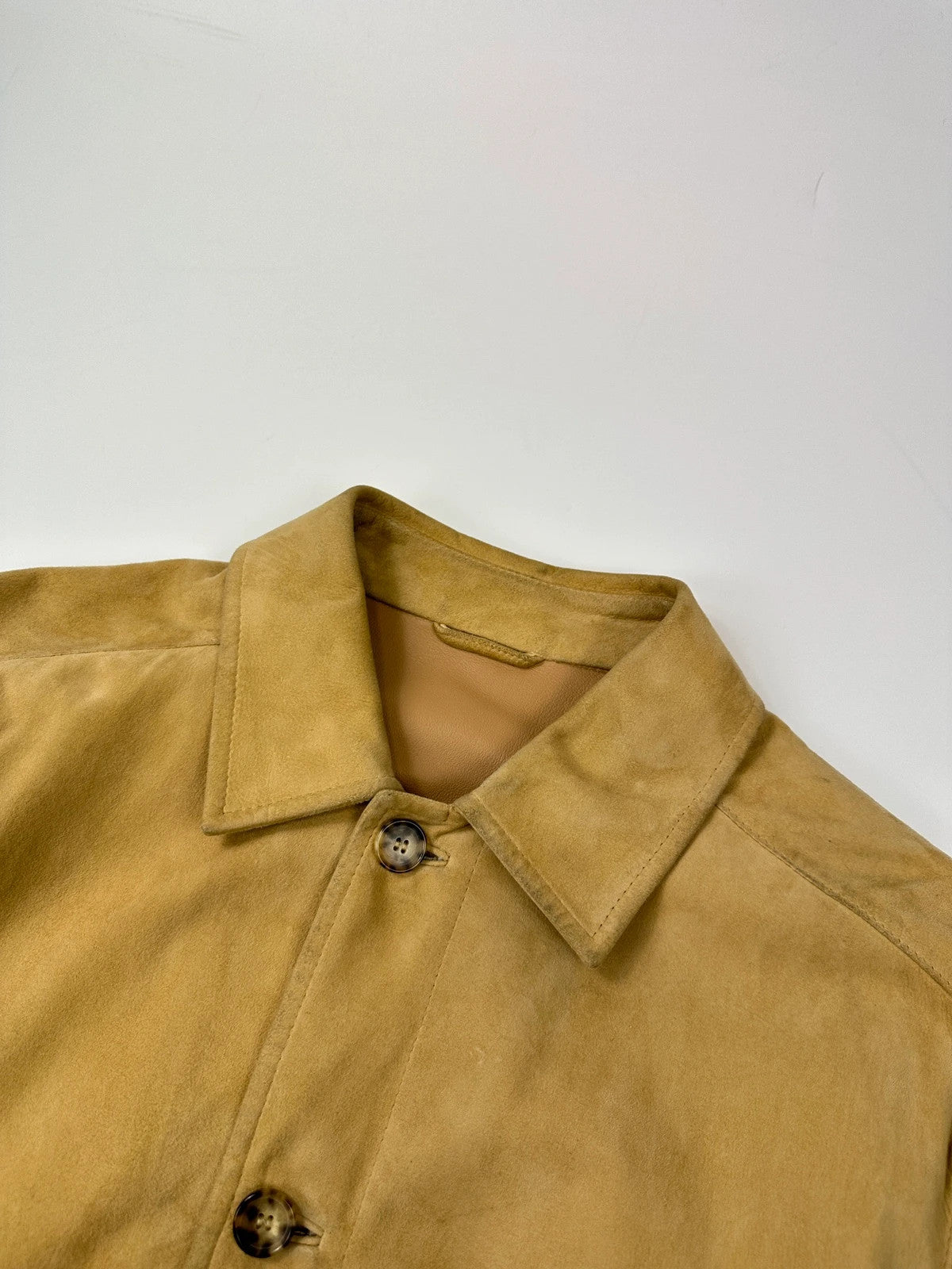 Lanvin mustard suede leather bomber jacket with button-up front and vintage 90s design.