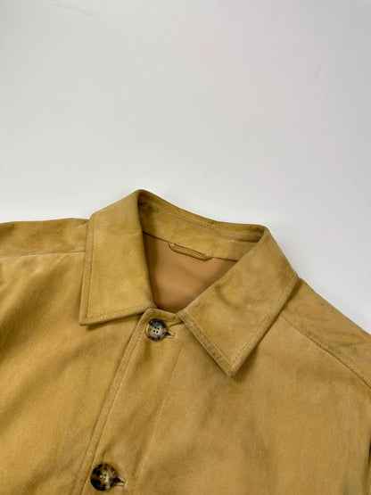 Lanvin mustard suede leather bomber jacket with button-up front and vintage 90s design.