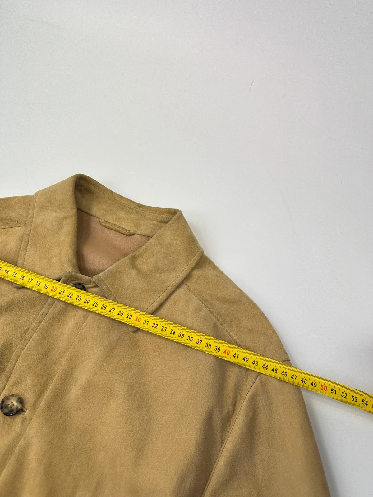 Lanvin mustard suede leather bomber jacket with button-up front and vintage 90s design.