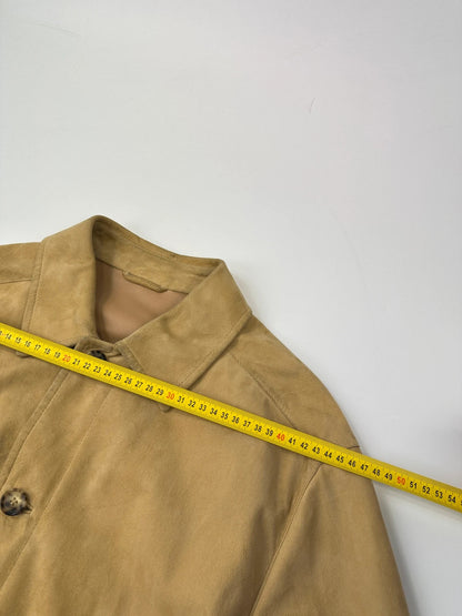 Lanvin mustard suede leather bomber jacket with button-up front and vintage 90s design.