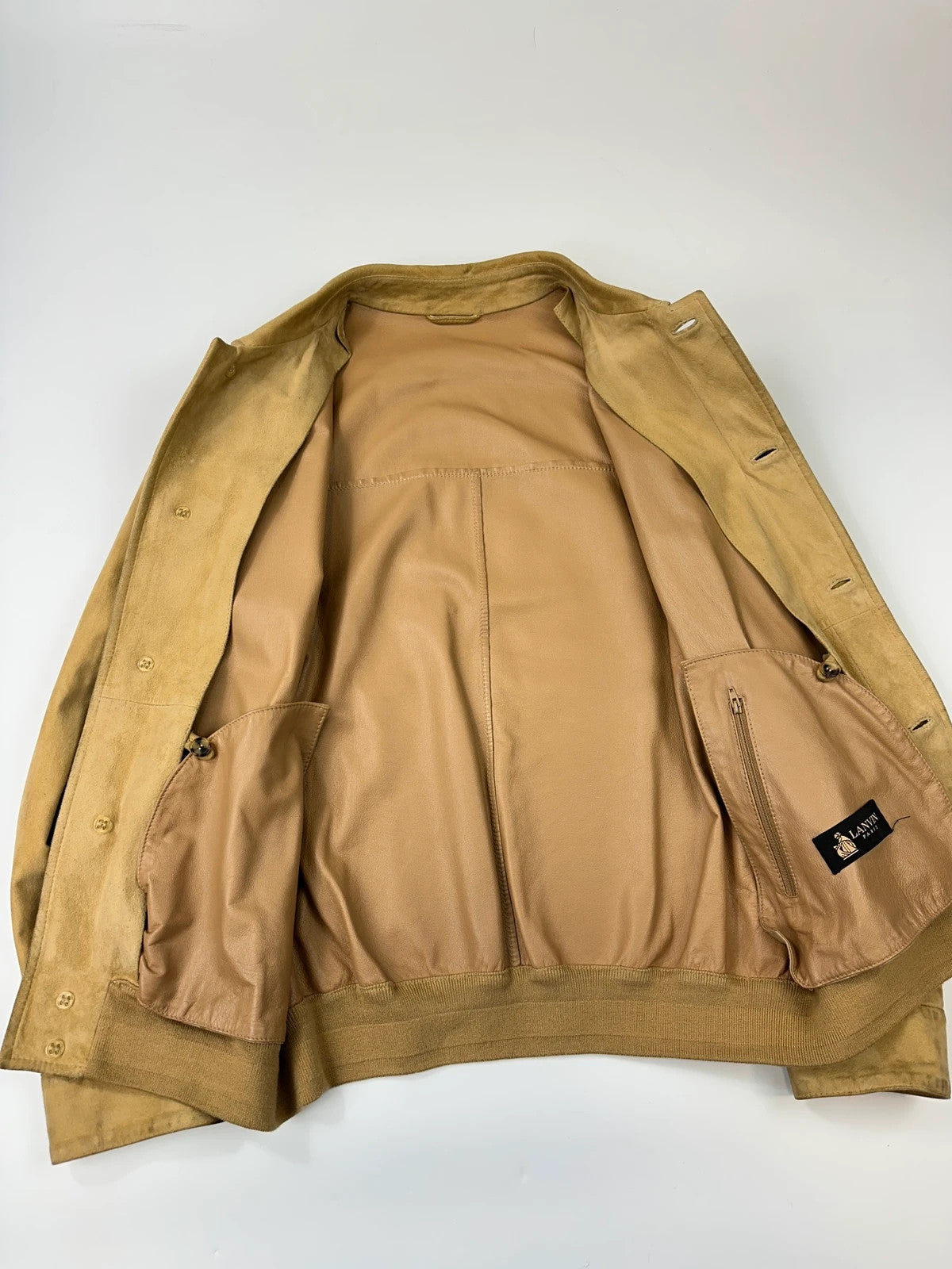 Lanvin mustard suede leather bomber jacket with button-up front and vintage 90s design.