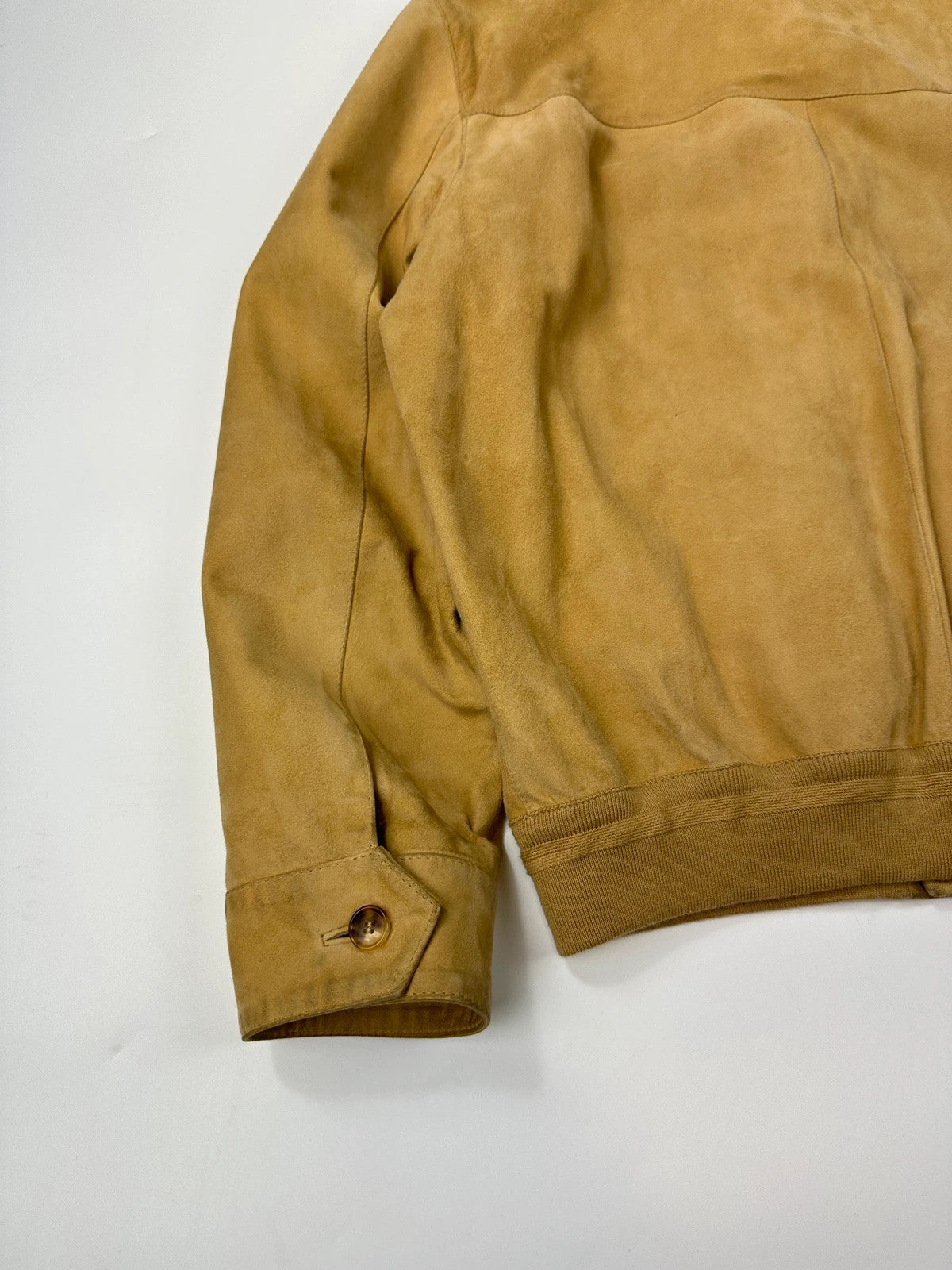 Lanvin mustard suede leather bomber jacket with button-up front and vintage 90s design.