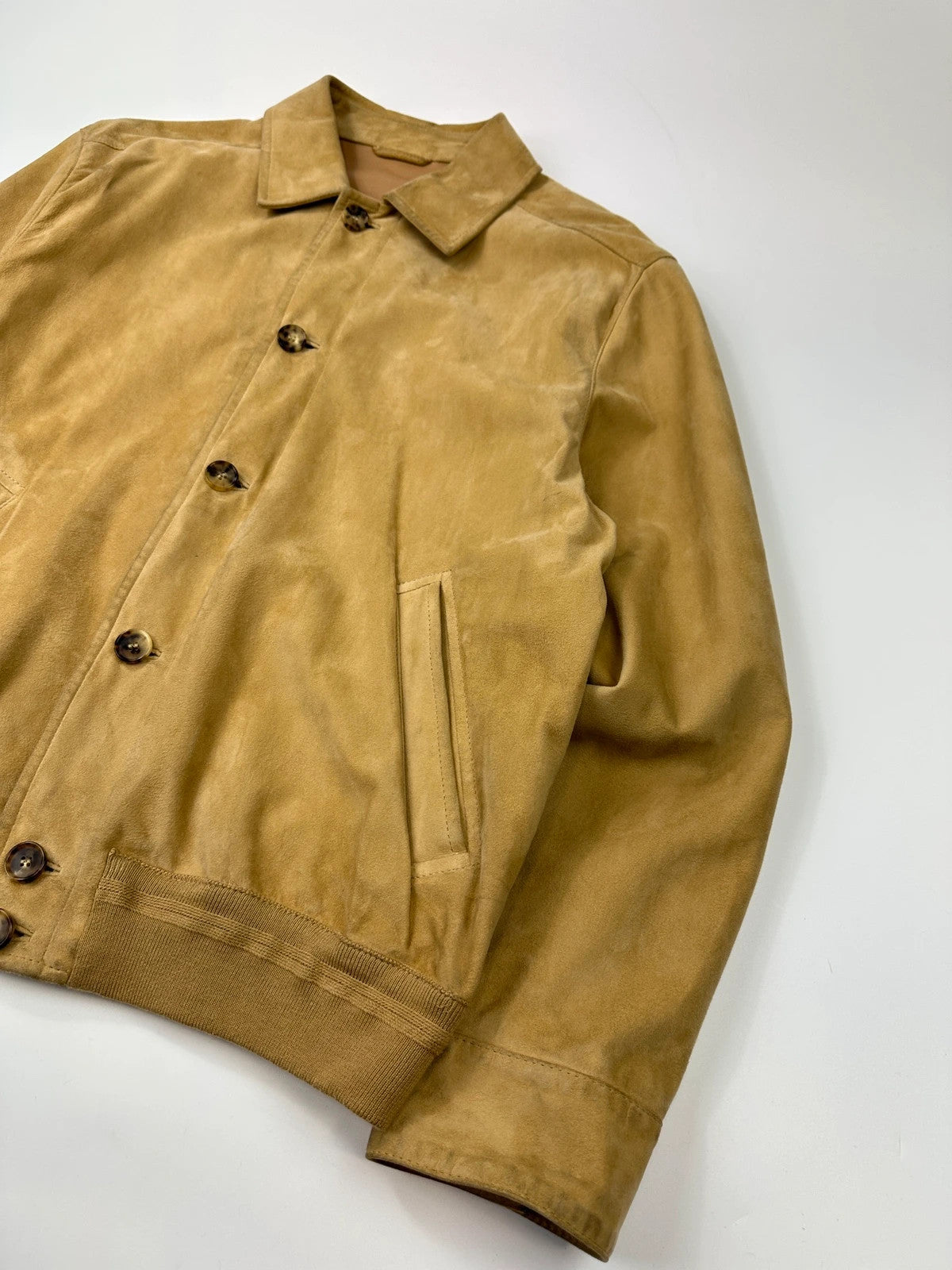 Lanvin mustard suede leather bomber jacket with button-up front and vintage 90s design.