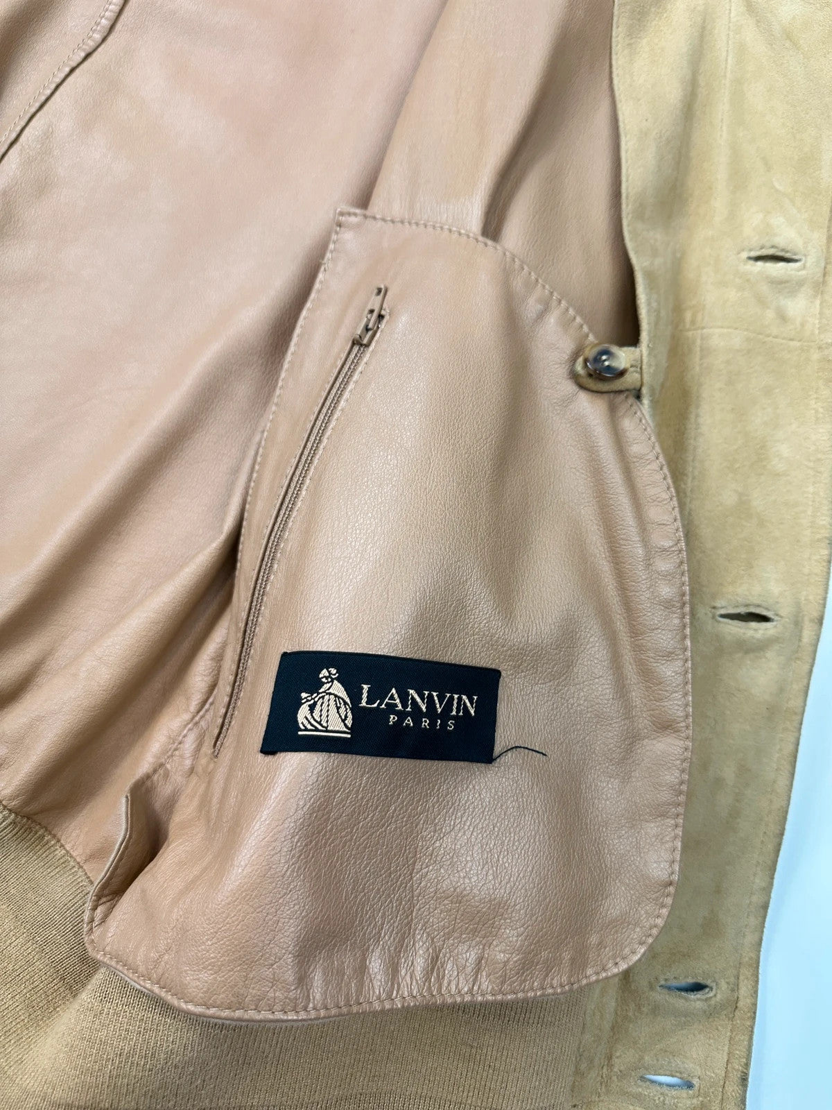 Lanvin mustard suede leather bomber jacket with button-up front and vintage 90s design.