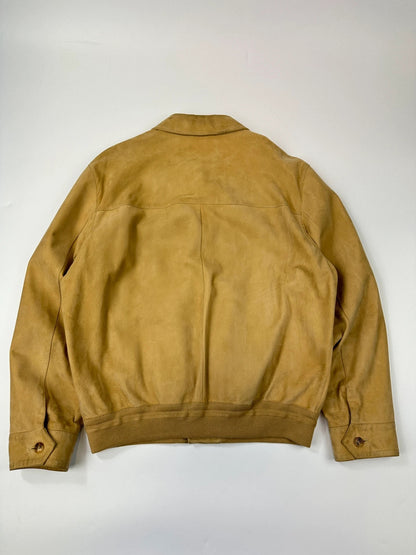 Lanvin mustard suede leather bomber jacket with button-up front and vintage 90s design.