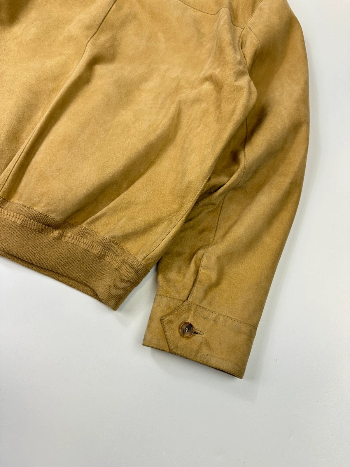 Lanvin mustard suede leather bomber jacket with button-up front and vintage 90s design.