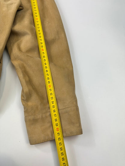 Lanvin mustard suede leather bomber jacket with button-up front and vintage 90s design.