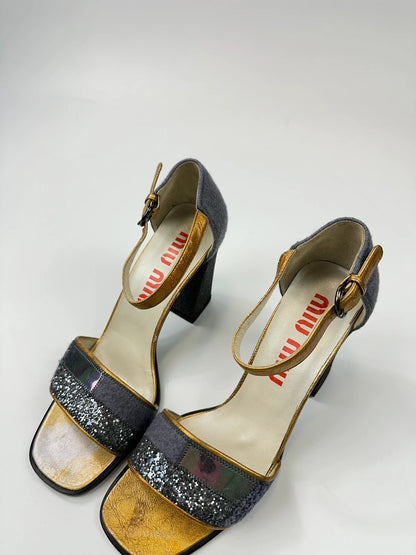 Miu Miu grey multi heels with glitter finish and PVC coating from FW1998 collection.