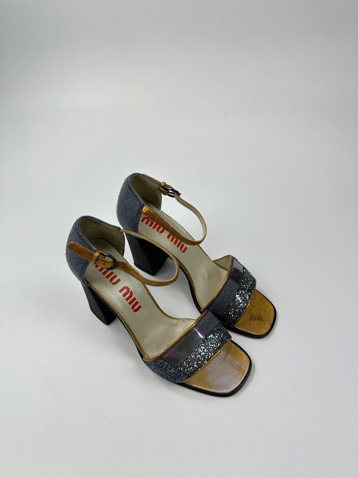 Miu Miu grey multi heels with glitter finish and PVC coating from FW1998 collection.