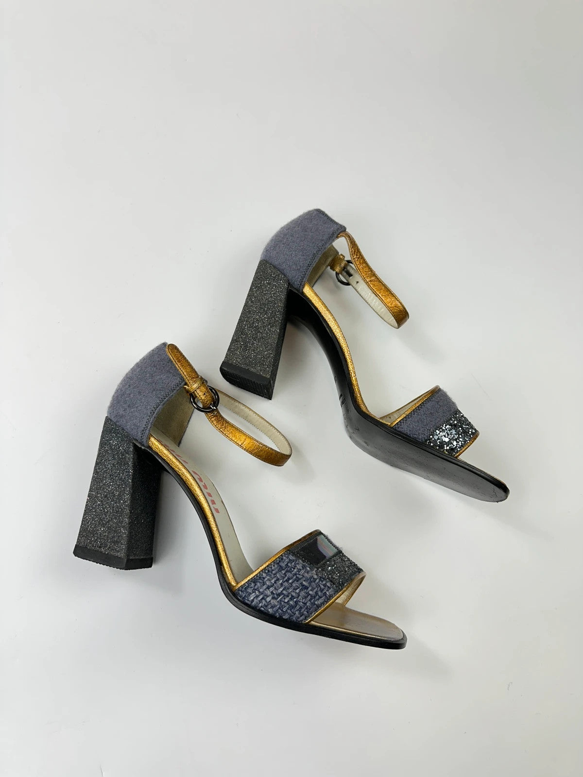 Miu Miu grey multi heels with glitter finish and PVC coating from FW1998 collection.