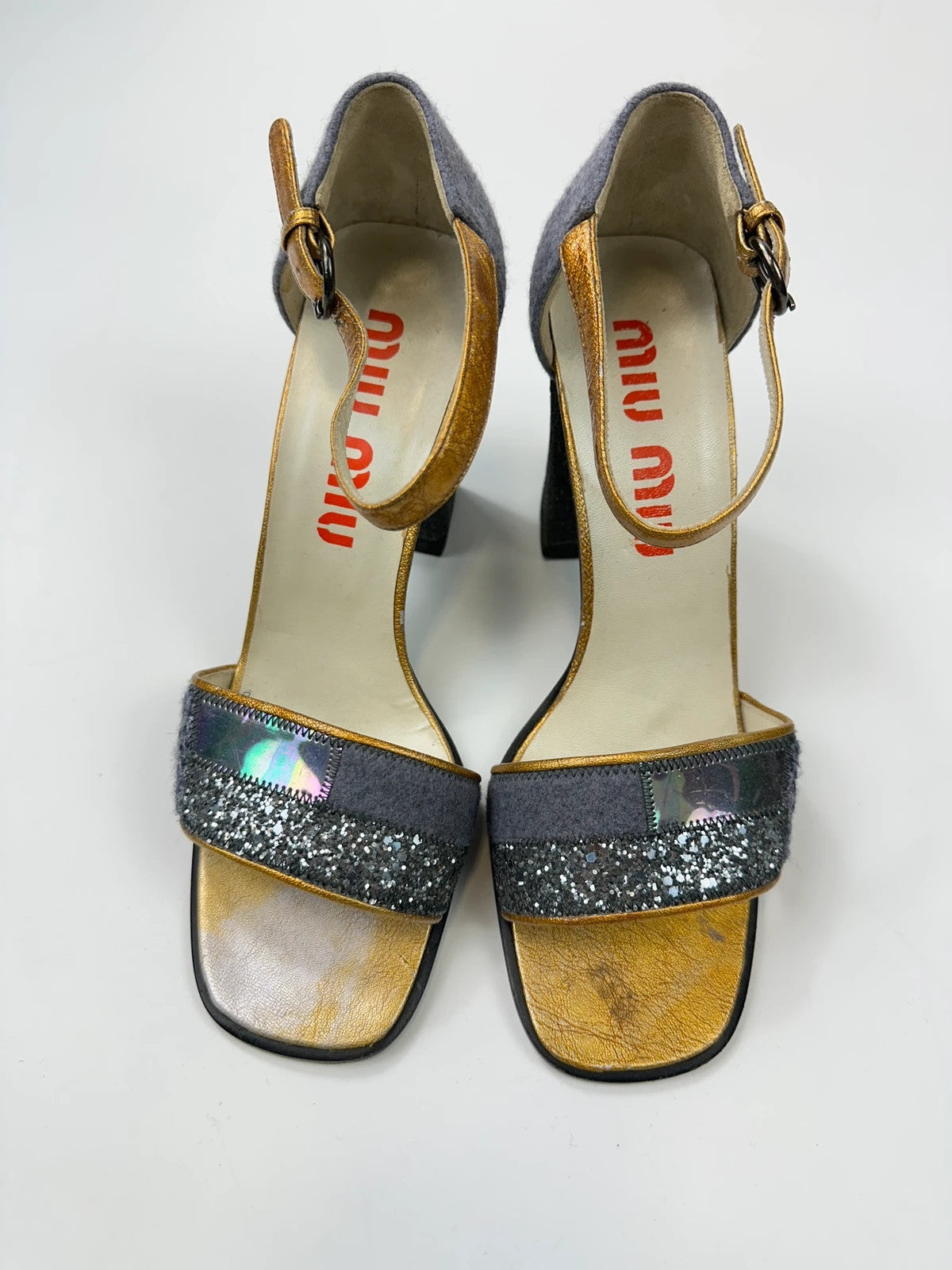 Miu Miu grey multi heels with glitter finish and PVC coating from FW1998 collection.