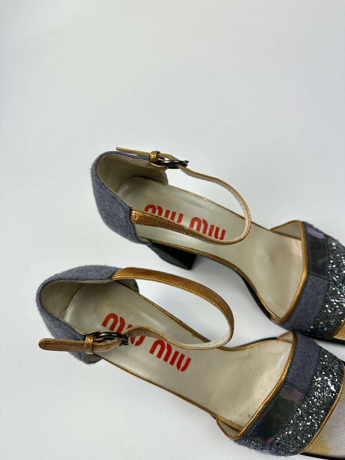 Miu Miu grey multi heels with glitter finish and PVC coating from FW1998 collection.