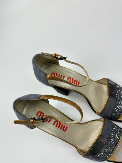 Miu Miu grey multi heels with glitter finish and PVC coating from FW1998 collection.