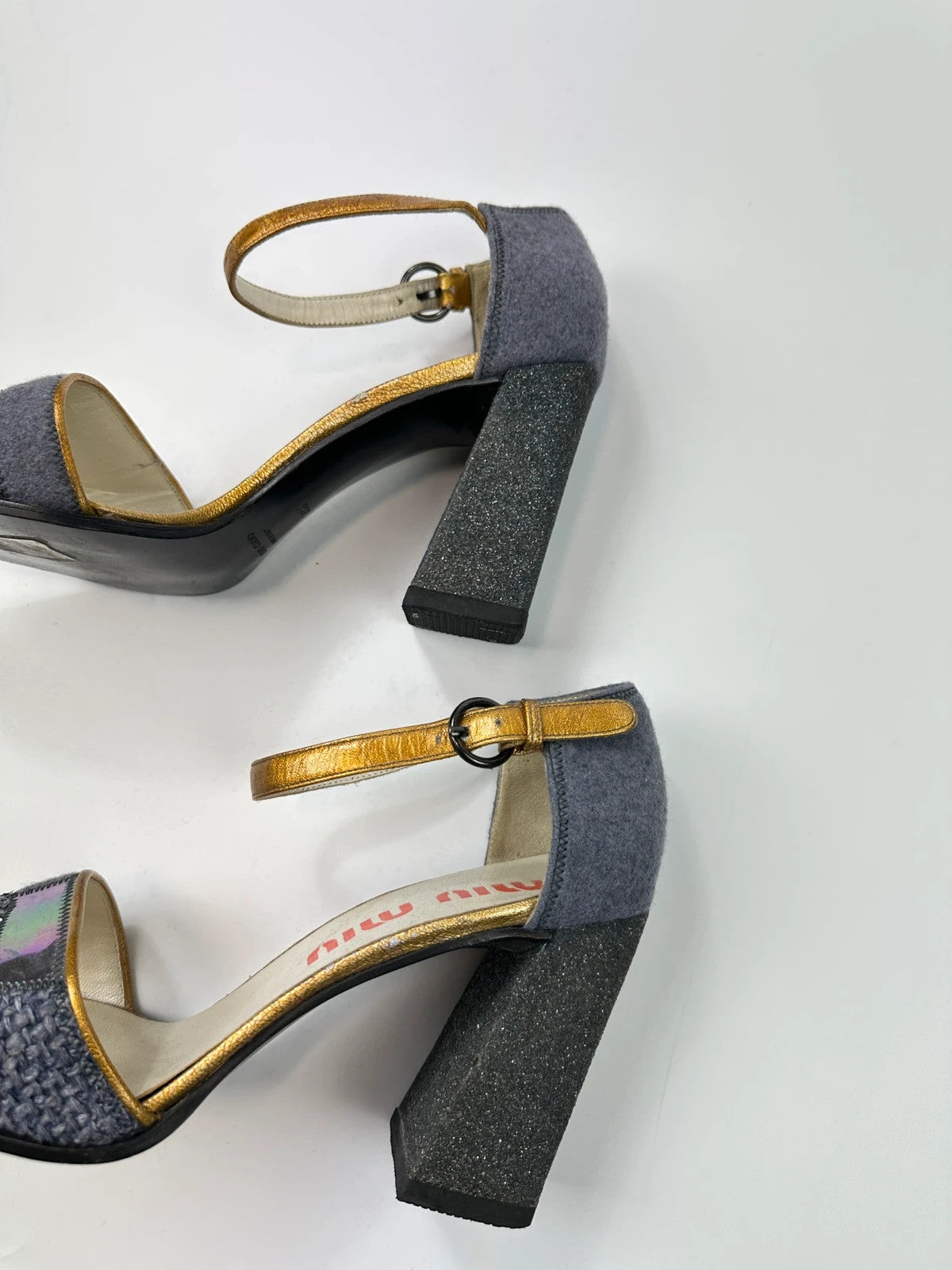 Miu Miu grey multi heels with glitter finish and PVC coating from FW1998 collection.