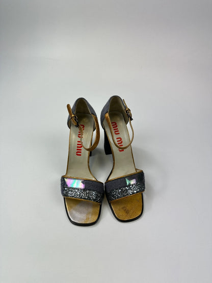 Miu Miu grey multi heels with glitter finish and PVC coating from FW1998 collection.