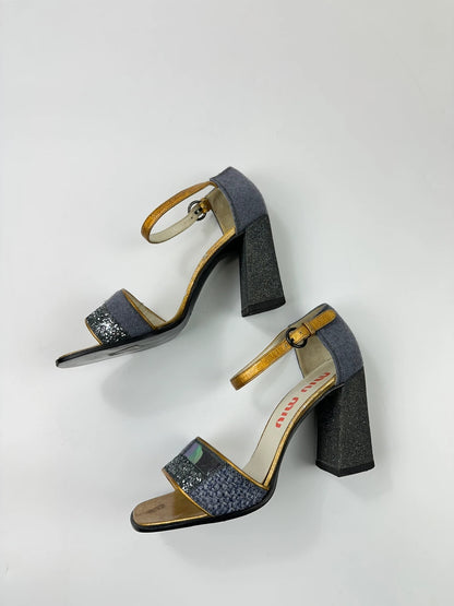 Miu Miu grey multi heels with glitter finish and PVC coating from FW1998 collection.