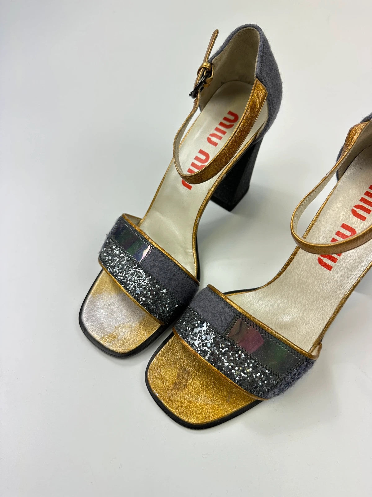 Miu Miu grey multi heels with glitter finish and PVC coating from FW1998 collection.