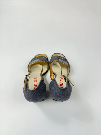 Miu Miu grey multi heels with glitter finish and PVC coating from FW1998 collection.