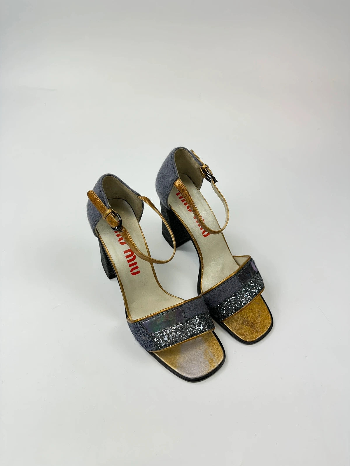 Miu Miu grey multi heels with glitter finish and PVC coating from FW1998 collection.