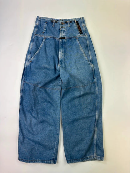 Marithé François Girbaud blue high waisted straight jeans with stone washed finish.