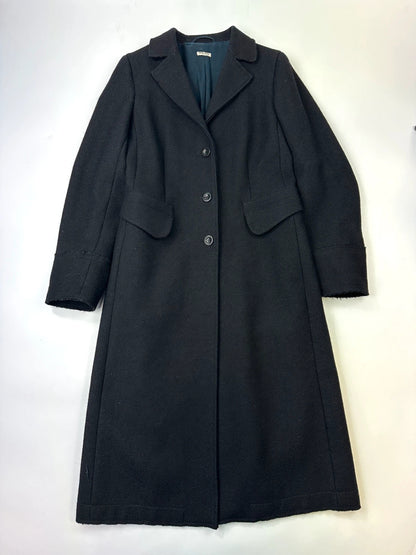 Miu Miu black wool and mohair long trench coat with vintage design and subtle wear.