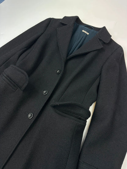 Miu Miu black trench coat in wool and mohair with vintage logo detail.