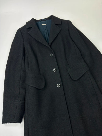 Miu Miu black trench coat in wool and mohair with vintage logo detail.