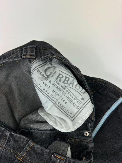Marithé François Girbaud black and turquoise baggy denim trousers with cargo pockets and velcro details.