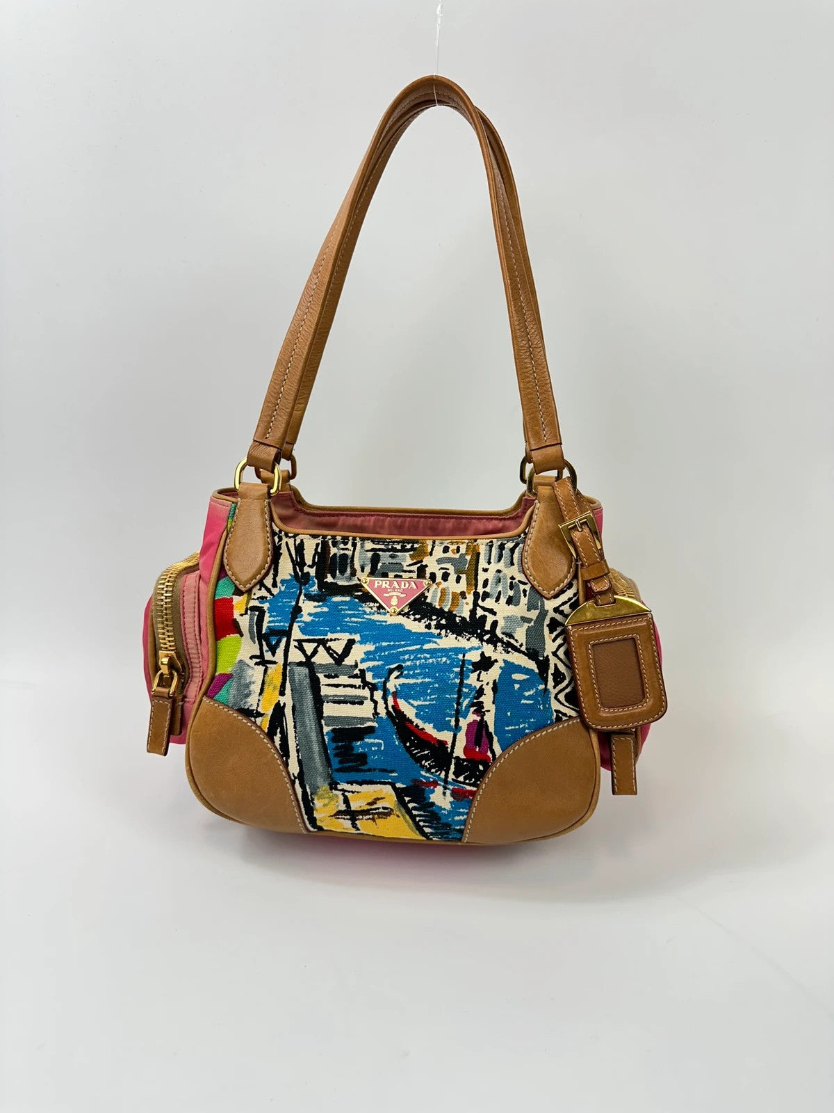 Prada multi pink handbag featuring Venezia painting, leather and canvas material.