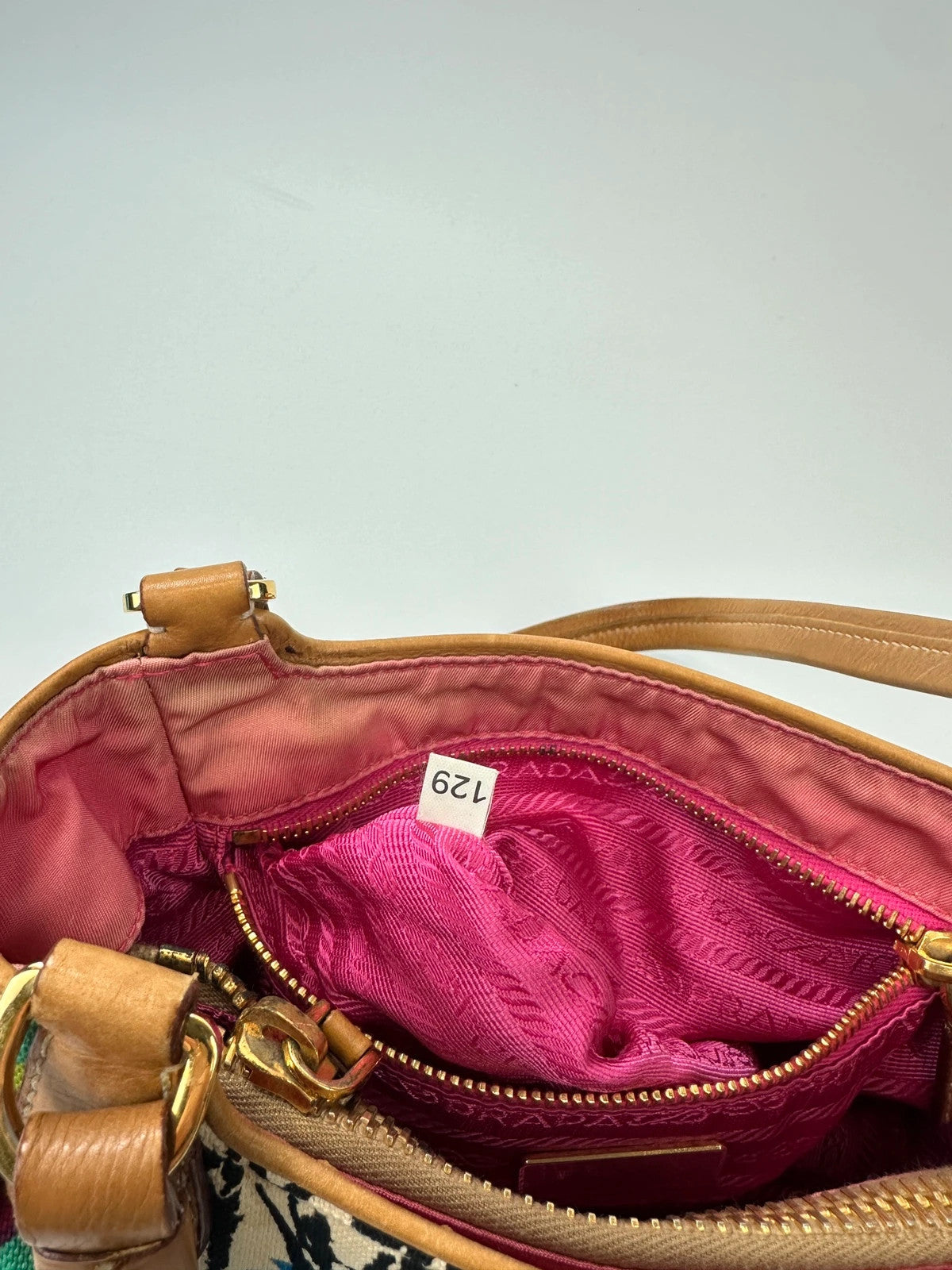 Prada multi-colour handbag featuring Venezia painting, leather and canvas material, vintage design.
