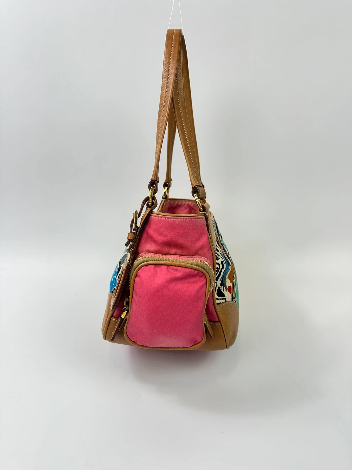 Prada multi-colour handbag featuring Venezia painting, leather and canvas material, vintage design.