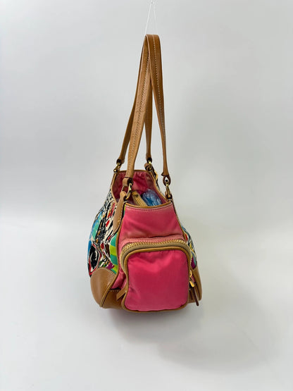 Prada multi-colour handbag featuring Venezia painting, leather and canvas material, vintage design.