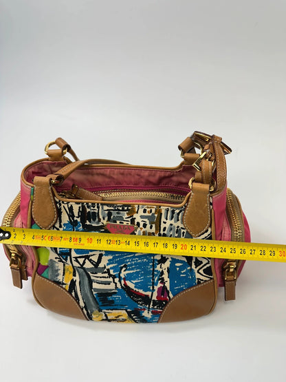 Prada multi-colour handbag featuring Venezia painting, leather and canvas material, vintage design.